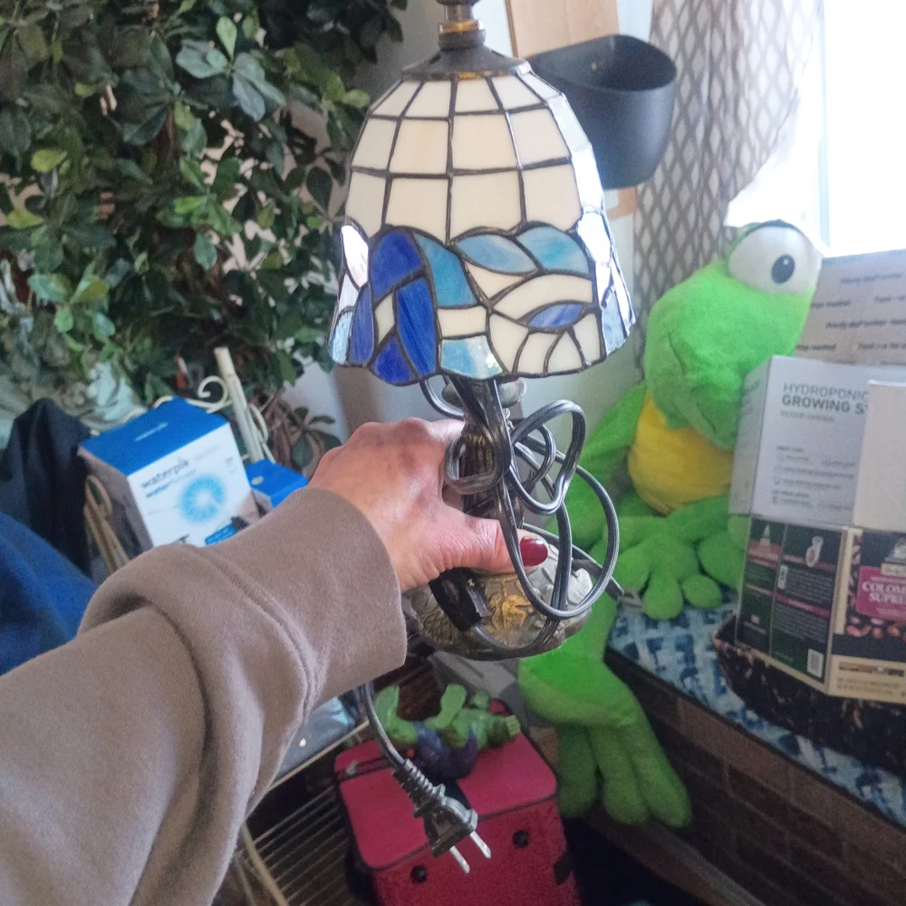 Stained Glass Table Lamp with Blue and White Design - Picture 1 of 1